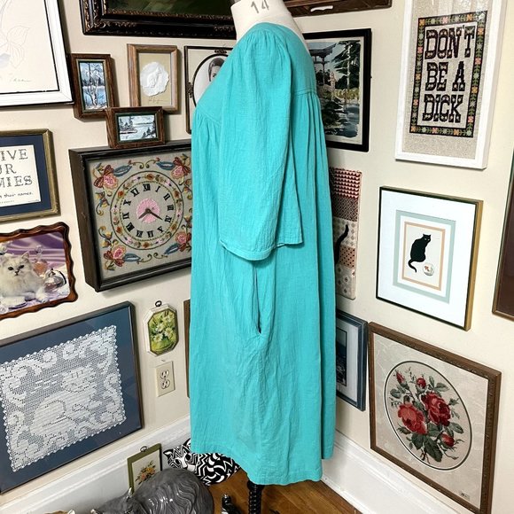 80s Vintage Plus Size Silhouettes Blue Green 100% Cotton Comfy Patio Dress 1X - Picture 3 of 7